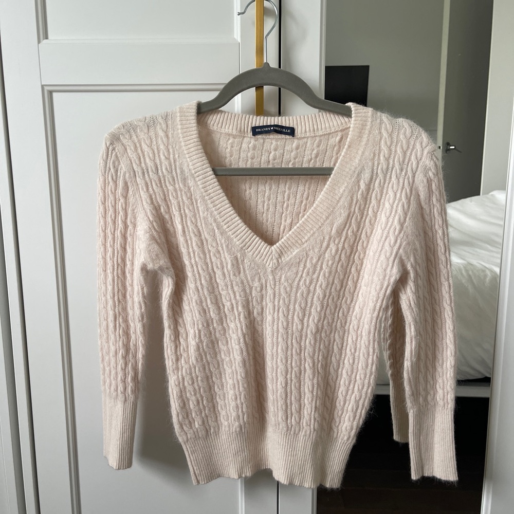 Brandy Melville baby pink v neck Cable Knit Sweater